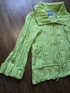 Bright Lime Chartreuse Green Textured Lightweight Zip Roll Sleeves Cinch Waist